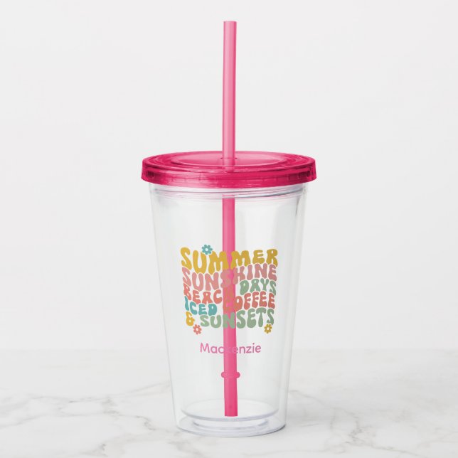 Retro Groovy Summer Pink Monogram Name  Acrylic Tumbler (Front)