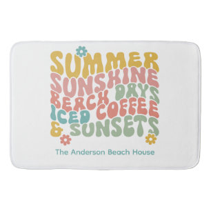 Retro Groovy Summer Pink Monogram Name Bath Mat