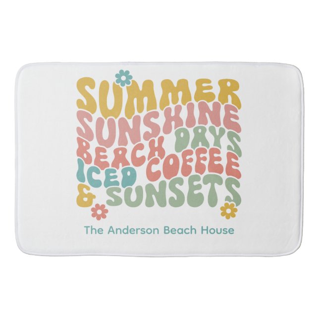 Retro Groovy Summer Pink Monogram Name  Bath Mat (Front)