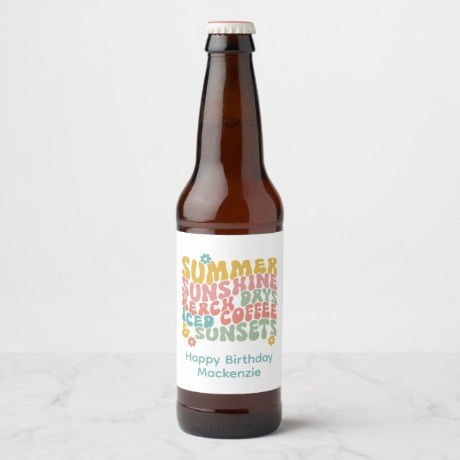 Retro Groovy Summer Pink Monogram Name  Beer Bottle Label (Front)