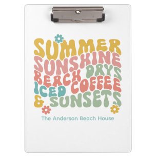 Retro Groovy Summer Pink Monogram Name  Clipboard