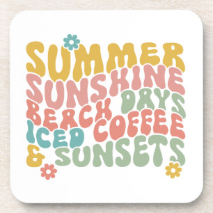 Retro Groovy Summer Pink Monogram Name Coaster