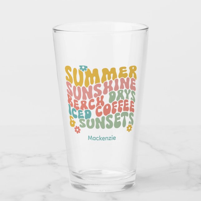 Retro Groovy Summer Pink Monogram Name Glass (Front)