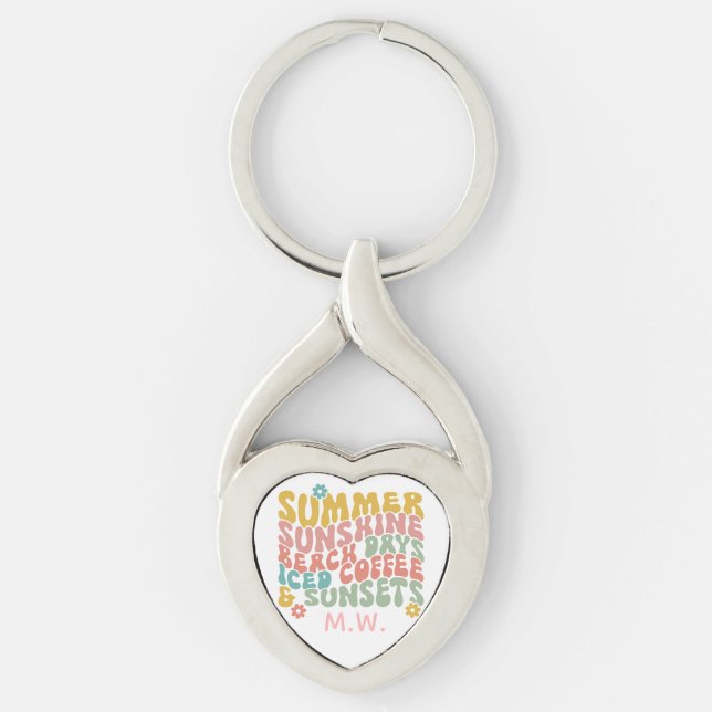 Retro Groovy Summer Pink Monogram Name  Key Ring (Front)