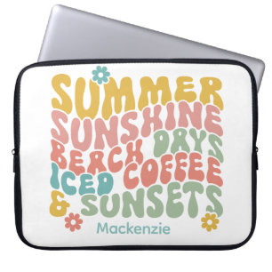 Retro Groovy Summer Pink Monogram Name Laptop Sleeve