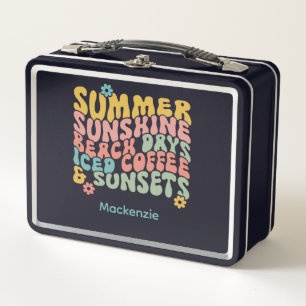 Retro Groovy Summer Pink Monogram Name  Metal Lunch Box