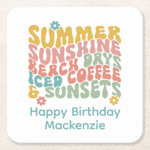 Retro Groovy Summer Pink Monogram Name Square Paper Coaster