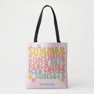 Retro Groovy Summer Pink Monogram Name  Tote Bag