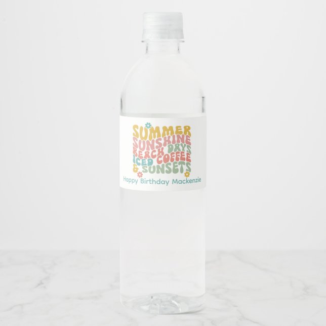 Retro Groovy Summer Pink Monogram Name  Water Bottle Label (Front)