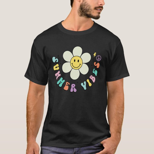 Retro Groovy Summer Vibes Smile Face Vacation Trop T-Shirt (Front)