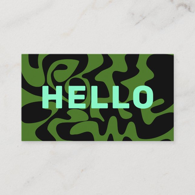 Retro Groovy Swirl Hello Olive Army Green Mint Business Card (Front)