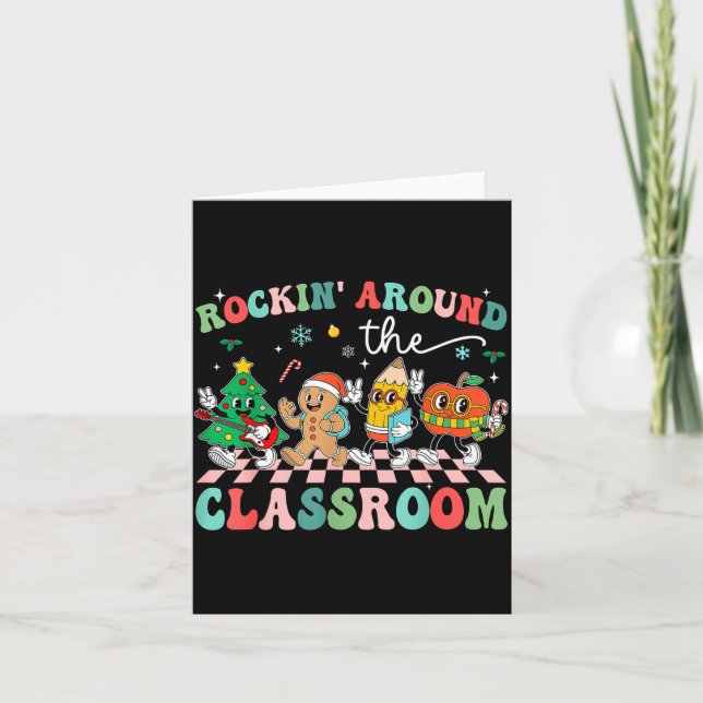 Retro Groovy Teacher Christmas Rockin' Around The  Card (Front)