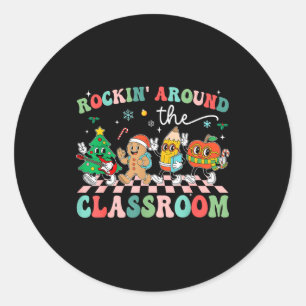 Retro Groovy Teacher Christmas Rockin' Around The  Classic Round Sticker