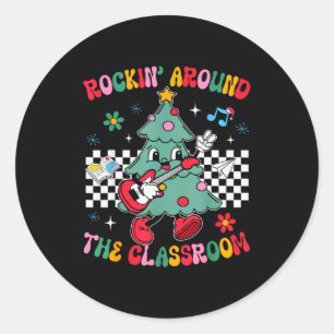 Retro Groovy Teacher Christmas Rockin' Around The  Classic Round Sticker