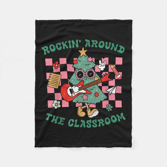 Retro Groovy Teacher Christmas Rockin' Around The  Fleece Blanket (Front)