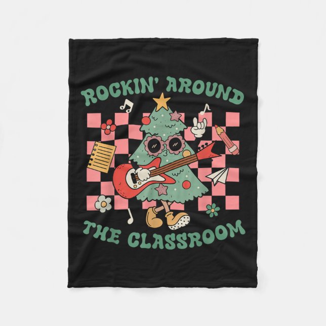 Retro Groovy Teacher Christmas Rockin' Around The  Fleece Blanket (Front)