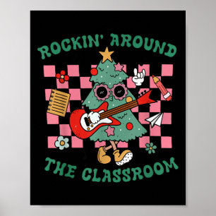 Retro Groovy Teacher Christmas Rockin' Around The  Poster