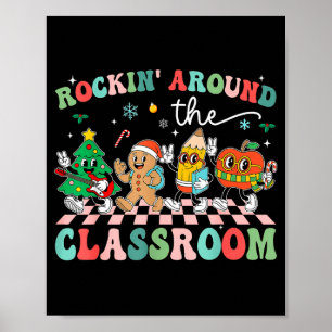 Retro Groovy Teacher Christmas Rockin' Around The Poster