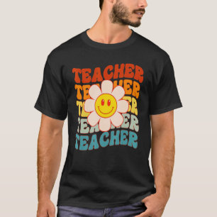 Retro Groovy Teacher Happy Face Cute Daisy Flower T-Shirt