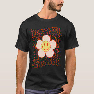 Retro Groovy Teacher Happy Face Cute Daisy Flower T-Shirt