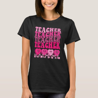 Retro Groovy Teacher Valentines Day Heart Leopard  T-Shirt