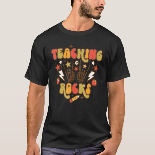 Retro Groovy Teaching Rocks Skeleton Hands Back To T-Shirt (Front)