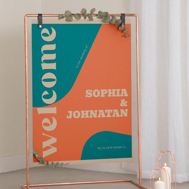 Retro groovy teal beige typography welcome wedding poster (Creator Uploaded)