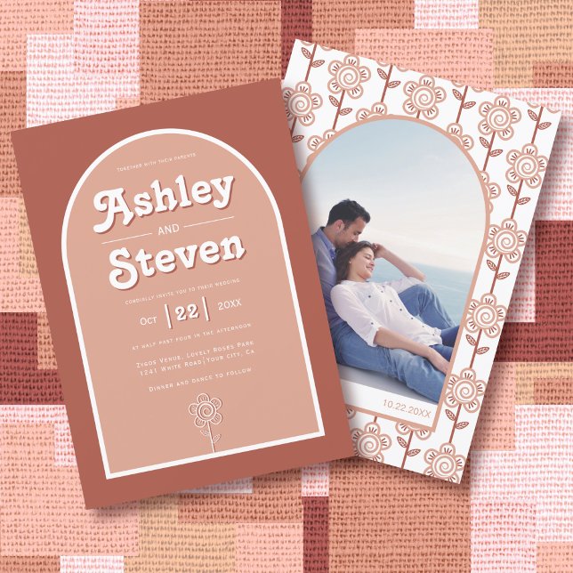 Retro groovy terracotta 70s inspired wedding invitation (Creator Uploaded)