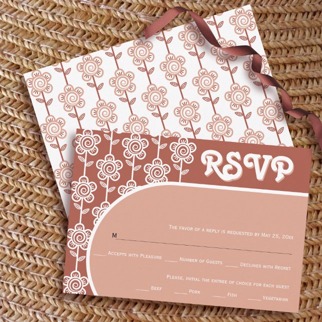 Retro groovy terracotta 70s wedding RSVP (Creator Uploaded)