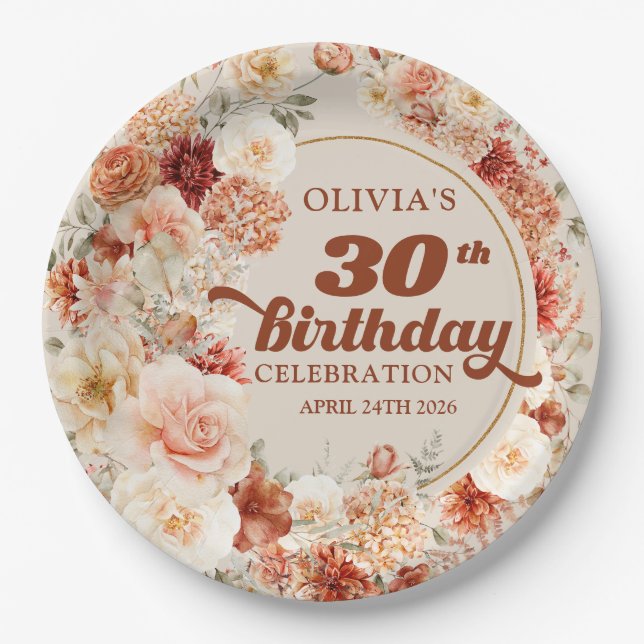 Retro groovy terracotta blush flowers 30 birthday paper plate (Front)