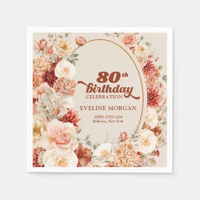 Retro groovy terracotta blush sage 80th birthday napkin (Front)