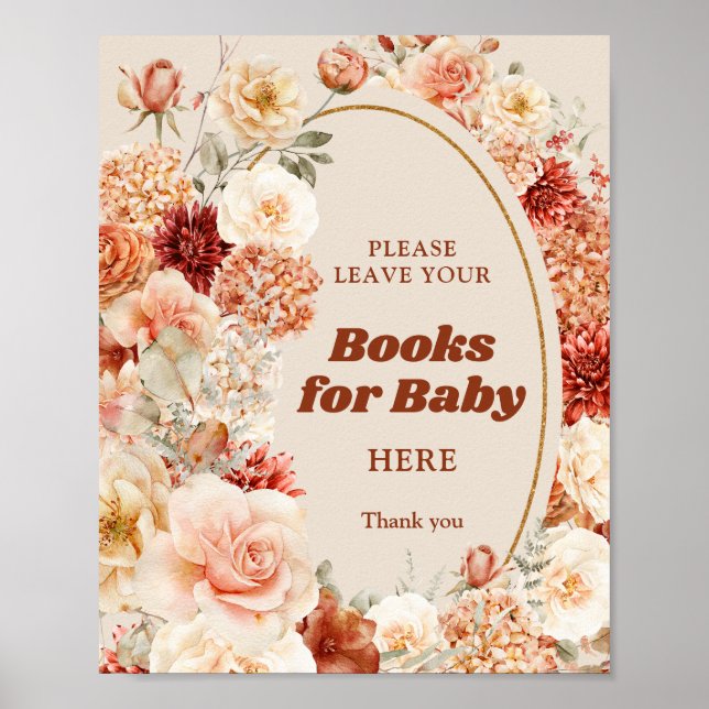 Retro groovy terracotta fall floral books for baby poster (Front)