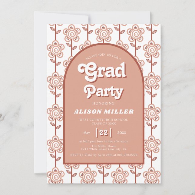 Retro groovy terracotta flowers 70s Graduation Invitation (Front)