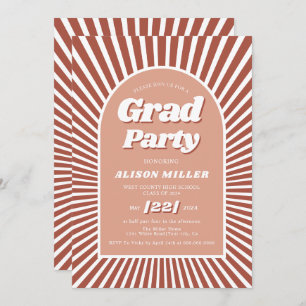 Retro groovy terracotta sunrays 70s Graduation Invitation