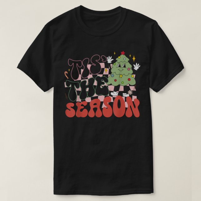 Retro Groovy Tis The Season Cute Christmas Tree Fu T-Shirt (Design Front)