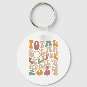 Retro Groovy Total Solar Eclipse April 08 2024 Key Ring