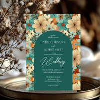 Retro groovy turquoise cream pale orange flowers