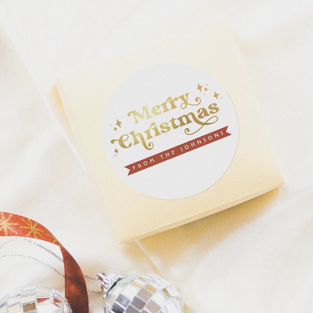 Retro Groovy Typography Merry Christmas & Name Classic Round Sticker (Creator Uploaded)