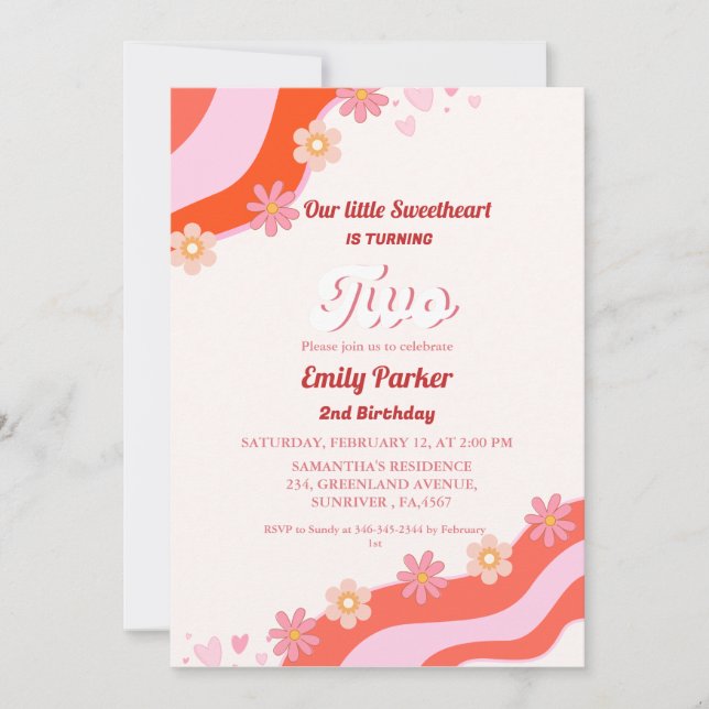 Retro Groovy Valentine Sweetheart 2nd Birthday  Invitation (Front)