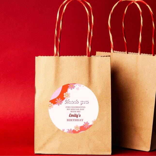 Retro Groovy Valentine Thank you Birthday Party Classic Round Sticker (Creator Uploaded)