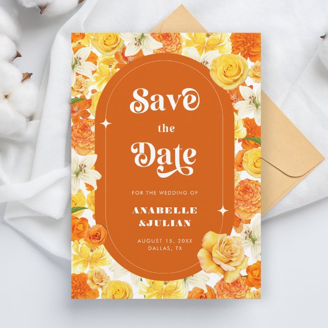 Retro Groovy Vibrant Yellow Orange Floral Wedding Invitation (Creator Uploaded)