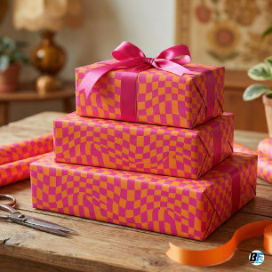 Retro Groovy Warped Checkerboard Hot Pink Orange Wrapping Paper