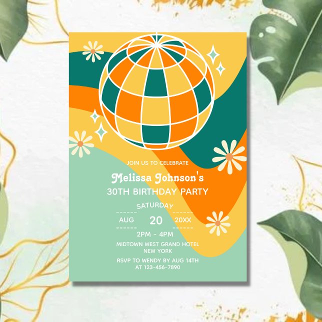 Retro Groovy Wave Disco Ball Daisy Orange Birthday Invitation (Creator Uploaded)