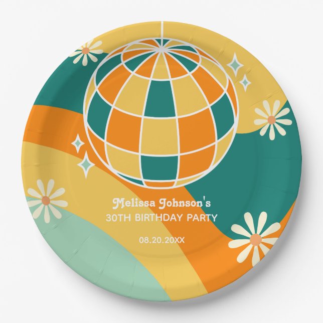 Retro Groovy Wave Disco Ball Daisy Orange Birthday Paper Plate (Front)