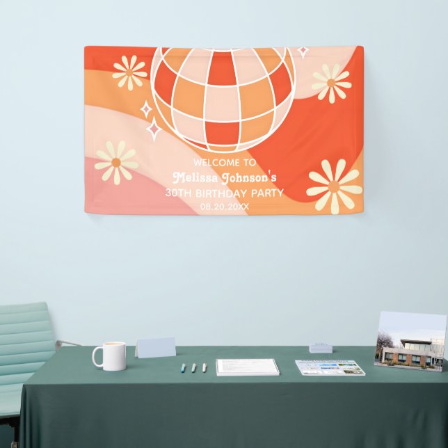 Retro Groovy Wave Disco Ball Daisy Pink Birthday Banner (Tradeshow)