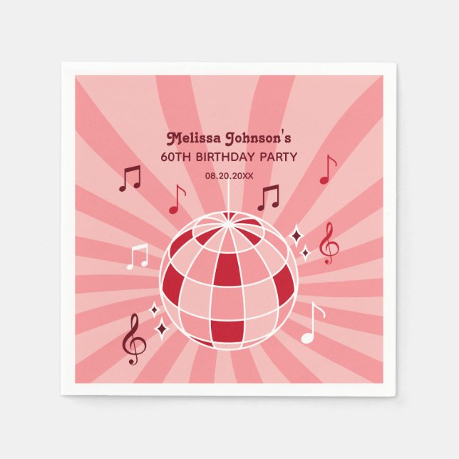 Retro Groovy Wave Disco Ball Musical Pink Birthday Napkin (Front)