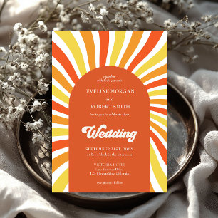 Retro groovy waves orange yellow sun wedding invitation