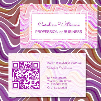 Retro Groovy Wavy Abstract Purple Pink White QR Business Card