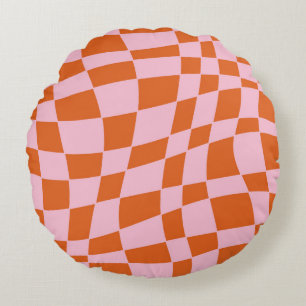 Retro Groovy Wavy Psychedelic Chequerboard Check Y Round Cushion