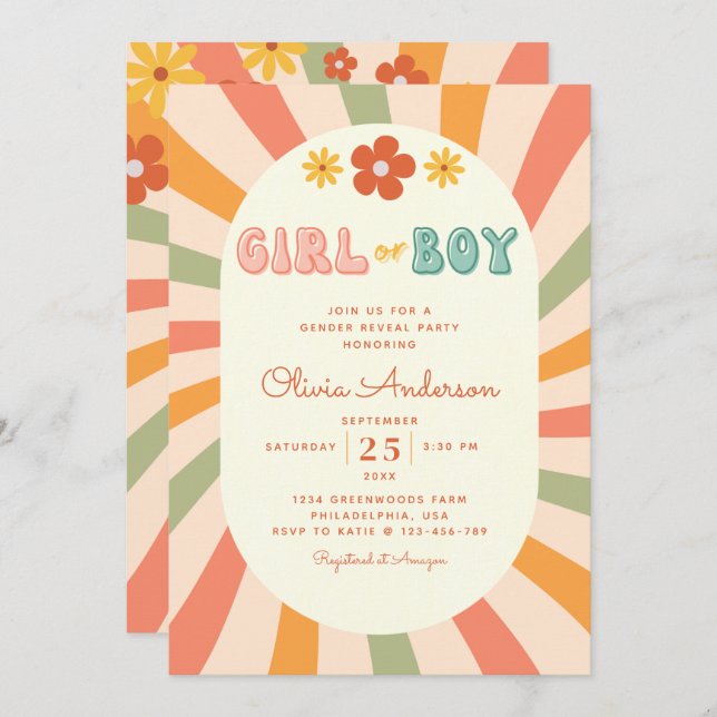 Retro Groovy Wavy Stripes Gender Reveal Party Invitation (Front/Back)